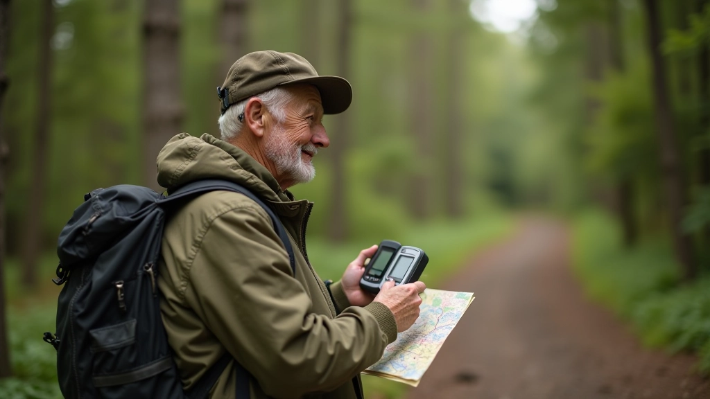 Käes olev GPS-seade koos paberist kaardiga metsaraja peal, päikesevalgus