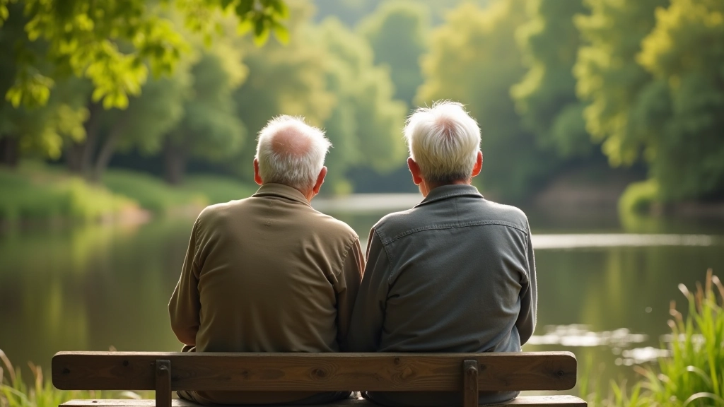 Pensionärid jalutavad rahulikult metsa teel, naeratavad, päikesepaiste