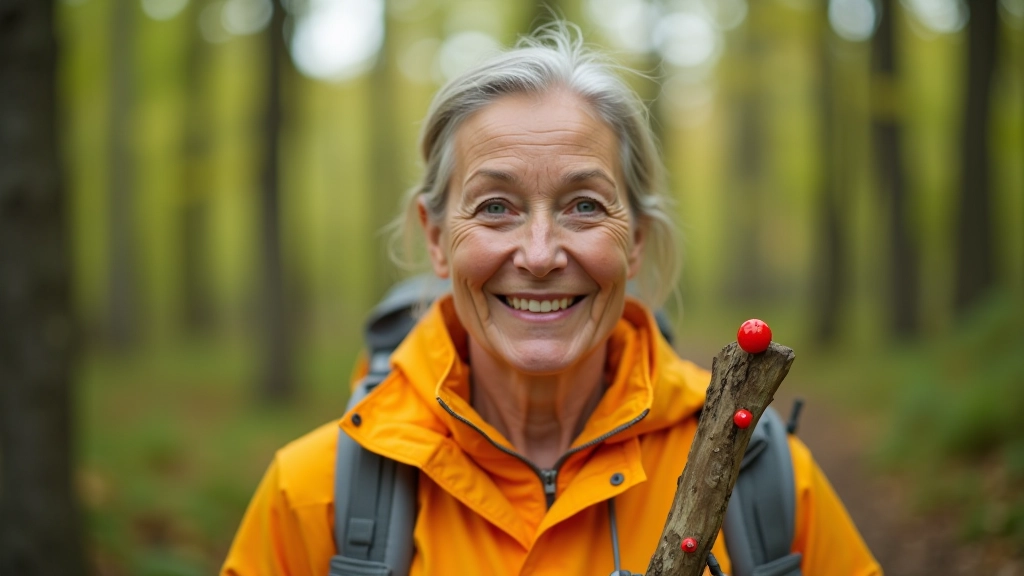 Pensionär nainen punaste jäljemärkidega rada peal, metsas, päikesepaistega