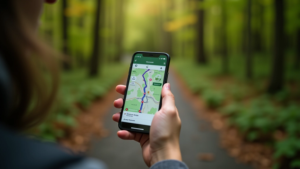 Smartphone ekraan, mis näitab GPS-navigatsioonit metsaraja peal, kaardi ja marsruudiga
